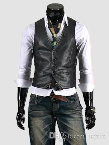 Wholesale-High Quality Fashion Men Suit Vest Men's Pu Leather Vests,Men's Waistcoat,Vest Jacket For Casual Men,Free Shipping