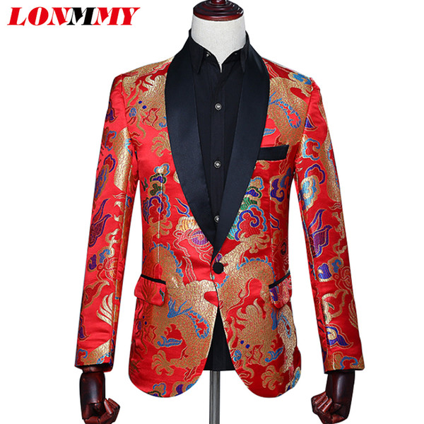 LONMMY Dragon men suits for wedding mens blazer jacket Slim fit Chinese style Casual Blazer men stage casaco masculino red 