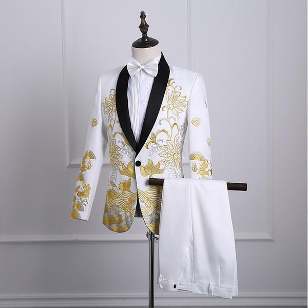 Newest 2018 Chinese Style Three Colors Jacket Pants Suit Gold Embroidery Pattern Nightclub Prom Singer Costumes S-2XL