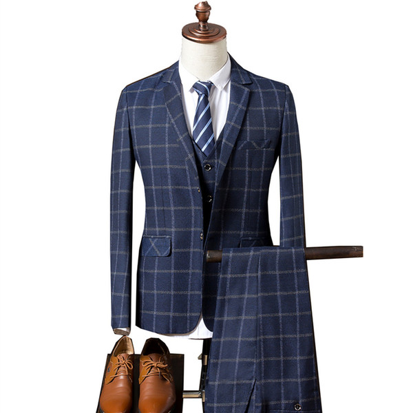 (Jacket+Vest+Pants) autumn Men's Suits casual Plaid business Two Buttons wedding bridegroom 3 pieces set blazer Suit