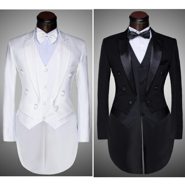 ( Jacket + Pants + Vest + Bow tie ) 2017 Fashion Men Suits Tailcoat Tuxedo Prom Groom Wedding White Black Slim Fit Male Singer