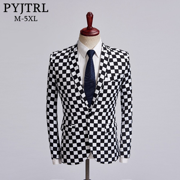 PYJTRL Tide Male Black White Plaid Blazer Design Mens Plus Size 5XL Fashion Suit Jacket Singer Costume Homme Slim Fit Outfit