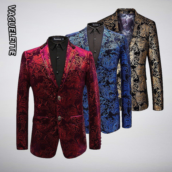 Luxury Velvet Pattern Blazer Men Paisley Floral Jackets Wine Red/Gold/Blue Men's Stage Jacket Elegant Wedding Men's Blazer M-6XL