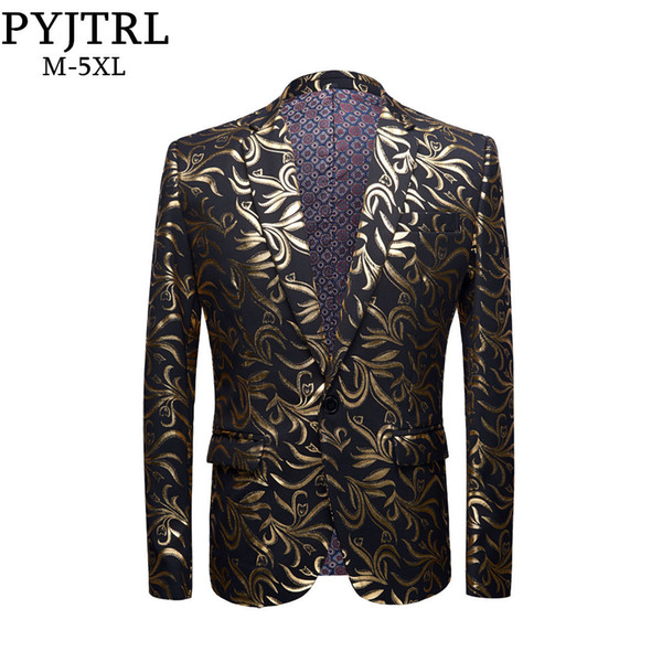 PYJTRL New Mens Plus Size 5XL Gold Pattern Casual Slim Fit Blazer DJ Club Stage Singer Party Costume Wedding Groom Suit Jacket