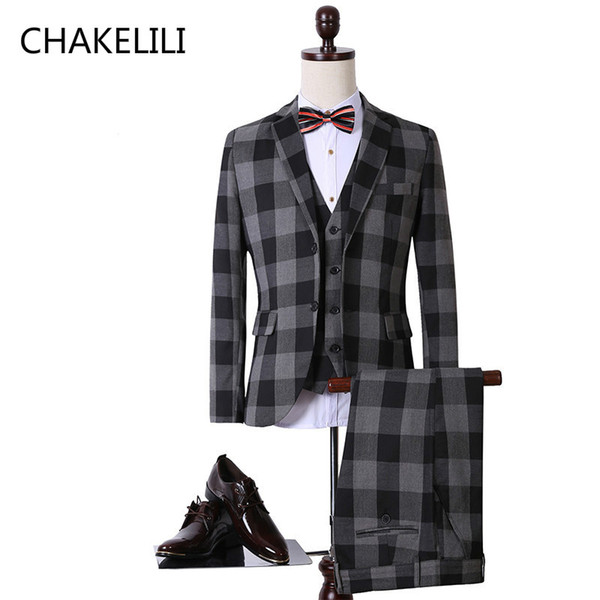 CHAKELILI Custom Made Plaid Wedding Best Man Groomsman Bride Groom Suit Prom Suit Tuxedos Men's Formal Blazer Jacket+vest+pants