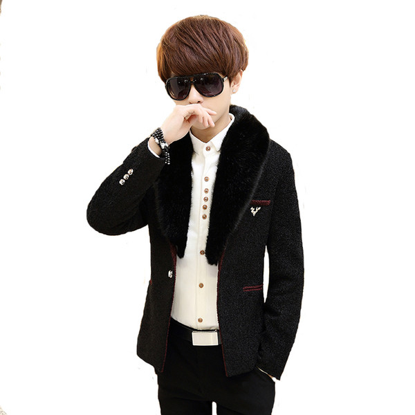 Spring and autumn new men's fur collar Korean version of the trend of self-cultivation woolen suits youth winter woolen slim coa