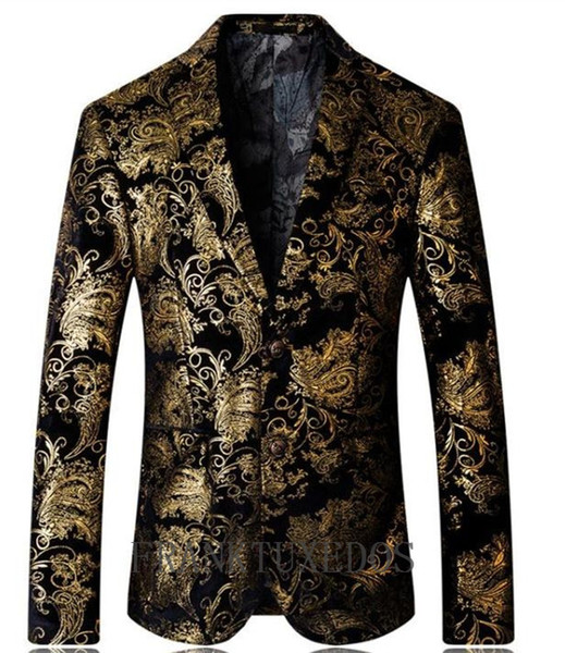 Men Wedding Suit Printed Paisley Floral Black Gold Tuxedo Stage Costumes For Singer Slim Fit Male Suits (Jacket+Pants)