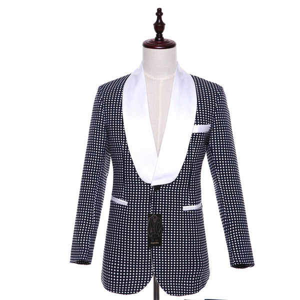 Mens Casual Jacket Blazers Two Button Navy Blue White Dots Pattern Slim Wedding Tuxedo Business Formal Prom Coat XS-4XL Custom