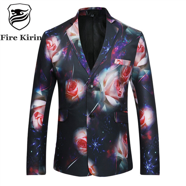 Fire Kirin Floral Blazer Men Slim Fit Mens Printed Blazer Stylish Male Casual Blazers Hip Hop Stage Clothing Prom Wear Q447