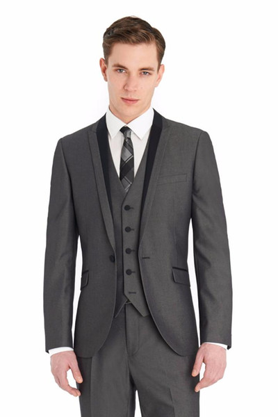 Tailored Grey Men Suits Wedding Black Peaked Lapel Groom Groomsmen Formal Prom Blazer Slim Fit Tuxedos 3 Piece Jacket+Pants+Vest