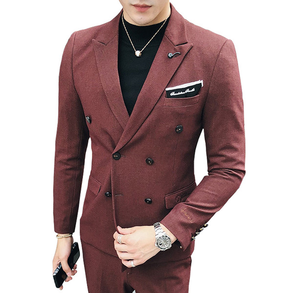 1 Piece 2019 New Fashion Boutique Solid Color Mens Double-breasted Blazer Business Groom Wedding Dress Suit Jacket Male