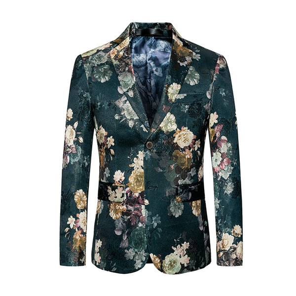 Men Blazer Slim Fit Suit Flowers 2017 Luxury Green Suit Jacket Stylish Spring Autumn Summer Charm Men's Casual Stage Costume