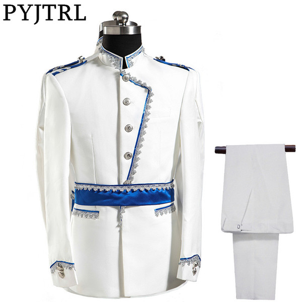 PYJTRL Europe Army Style Stand Collar White Blue Wedding For Men DJ Stage Singer Men Suits With Pants Costume Homme Slim Fit