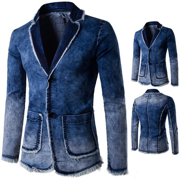 Casual Denim Blazers Men 2017 Spring New Washed Denim Color Blazers Men Casual Long Sleeved Lapel Neck Denim Blazers Men