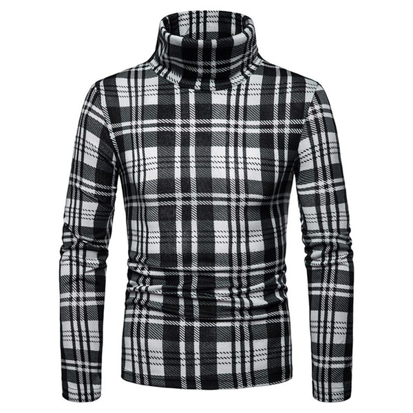 Winter Men Fashion Plaid Print High Neck Fleece Soft Long Sleeve Jumper Slim Pullover Top