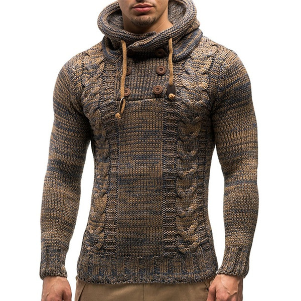 Puimentiua Men Sweater Autumn Winter Pullover Knitted Cardigan Coat Hooded Sweater Jacket Outwear Casual Slim Fit Turtleneck Top