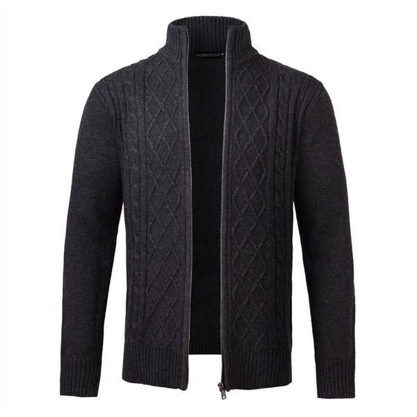 VOBOOM Dark Gray Sweater Coat Men Woolen Blend Autumn Winter Casual Zipper Knitted Slim Fitted Long Sleeve Sweaters Jacket 100