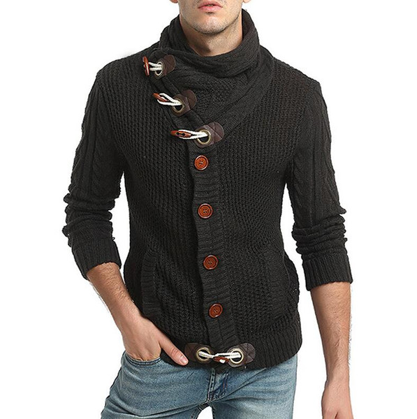 2018 Europe and America hot man horn buckle thick wool twisted high collar long sleeve thick cardigan sweater