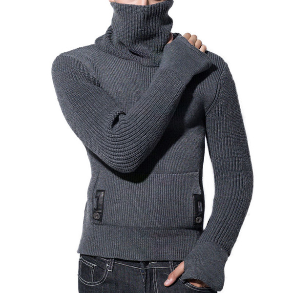 Black Gray Pullover Turtleneck Sweater Mens 2019 New Brand Men's Jumpers Knitted Ribbed Sweater With Finger Hole