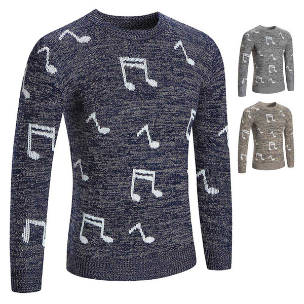 Fashion Men Musical Note Knitted Pullovers Sweater Autumn Winter Warm Sweaters Slim Fit Tops XRQ88