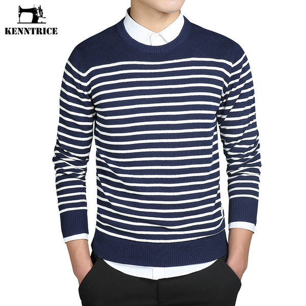 KENNTRICE Men's Sweater Striped Style 100% Cashmere Knitted Basic Sweater Men Jumper Long Sleeve Male Pull homme cachemire