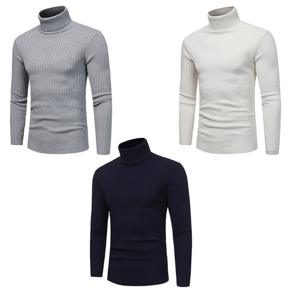 Mens Plus Size Winter Basic Solid Color Long Sleeve Sweater Stripes Ribbed Knitted Slim Pullover Tops Turtleneck Casual Jumper