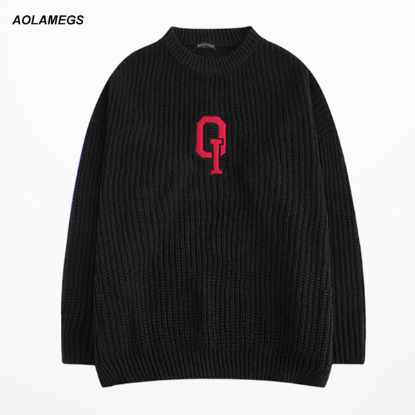 Aolamegs Men Knitted Pullover Sweaters Embroidery Winter Soft Sweater High Quality Splice Number Fashion Casual Cotton Male