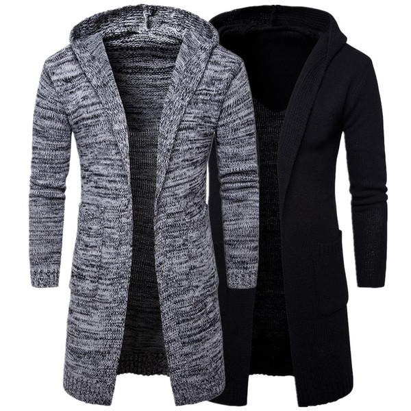 Mens Long Sweater 2019 Winter New Casual Solid Color Long Cardigan Fashion Street Hoodies Warm Sweaters Black & Gray M-xxl