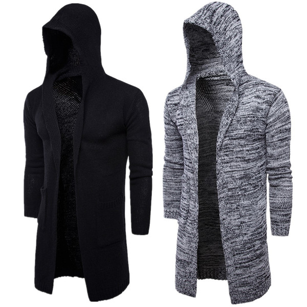 Mens Long Sweater 2019 Winter New Casual Solid Color Long Cardigan Fashion Streetwear Hoodies Warm Sweaters Black & Gray M-XXL