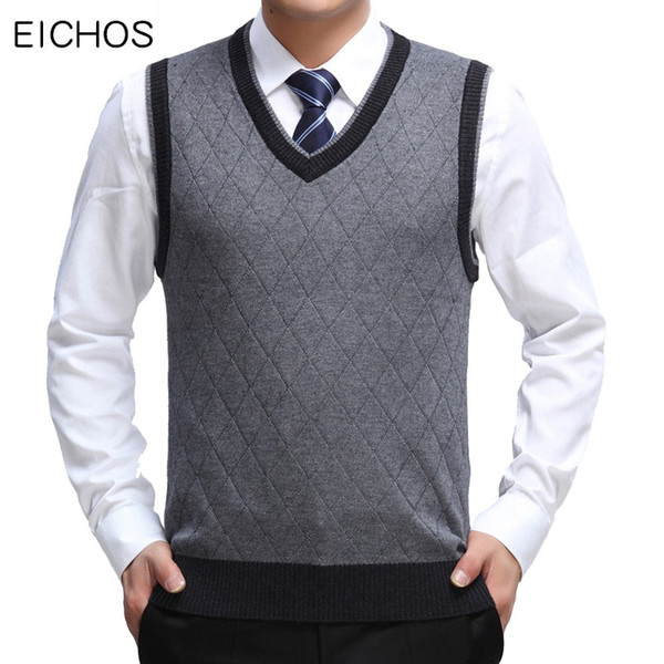 EICHOS High Quality Classic Vest Sweater V-neck Pullover Men Business Formal Fashion Plaid Sleeveless Men Knitted Sweater