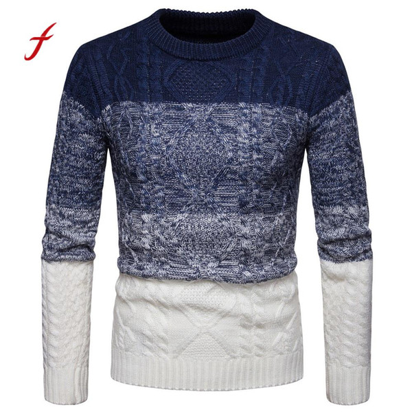 Feitong Fashion Casual Mens Sweater Spring Autumn Gradient Color Pullover Knitted Top Patchwork Striped Sweater Outwear Tops /PT