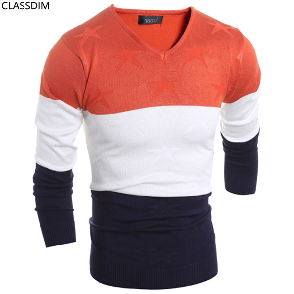 Autumn And Winter New Men Splicing Color Sweater Men's V-neck Sweater Large Striped Sweater 3 Colors Size M-2XL