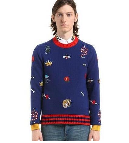 Autumn Men's Sweater Bee Tiger Snake Pattern Embroidery Cashmere Material Fashion Sweaters Dark Gray And Blue Two Colors