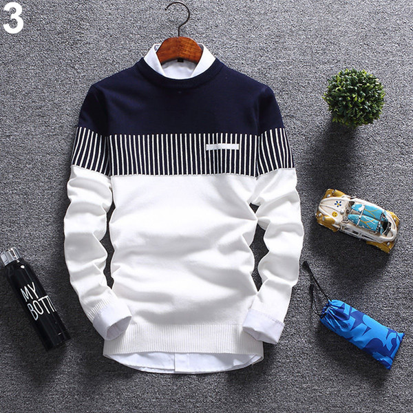 New Korean Fashion Men's Knitted Sweater Autumn Winter Strips Soft Cotton Long Sleeve Sweater