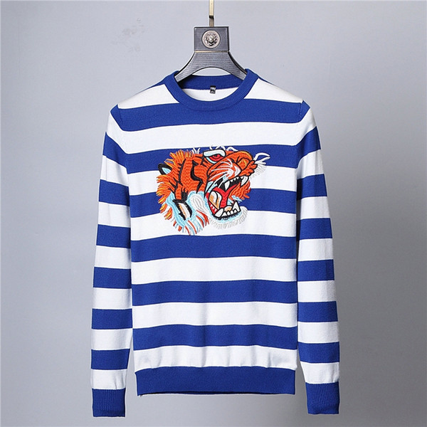 Striped Mens Autumn Winter Sweater Brand Wool Pullover Basis Cotton High Quality Tiger Embroidery Knitted Male Cashmere Clothing