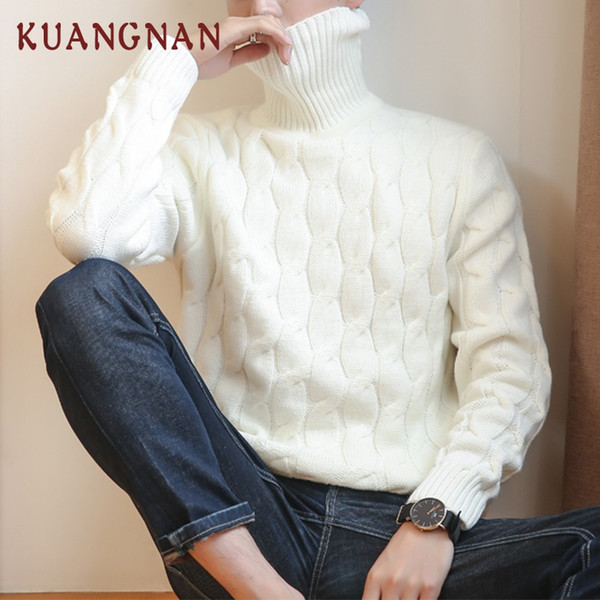 KUANGNAN Knitted Turtleneck Men Sweater Man Solid High Collar Winter Pullover Men Sweater Coat Mens Turtleneck Sweaters 2018 New