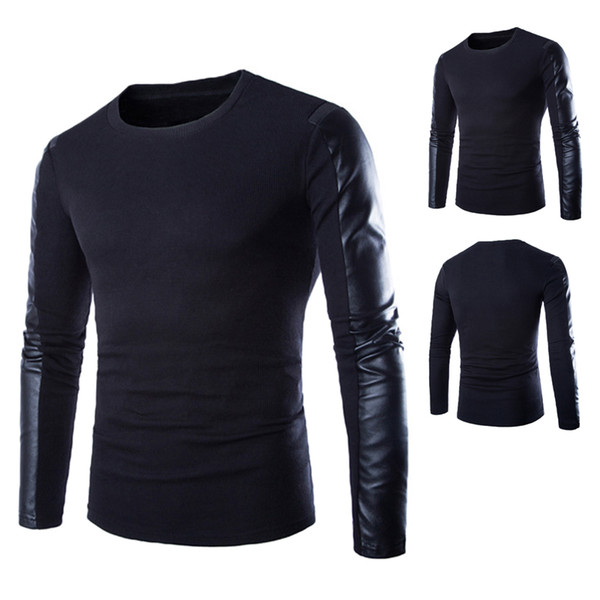 Wholesale- Brands Designer Autumn Winter Mens Sweaters Patchwork Long Leather Sleeve O Neck Jumpers Pullovers Male Christmas Sweater