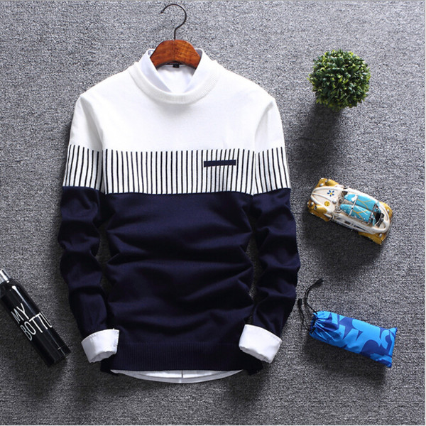 Men's Sweaters 2018 autumn Winter New streetwear fashion Stitching Male Knitwear warm Korean Slim Round Collar men clothing