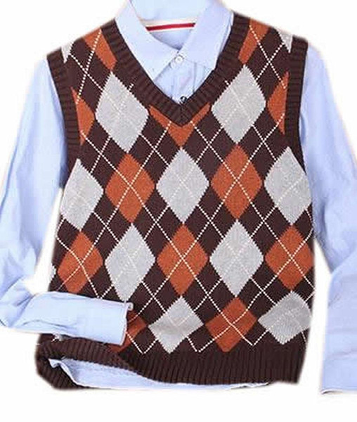 Wholesale- Generic Mens Fashion Checkered Slim V Neck Sleeveless Sweater Vests