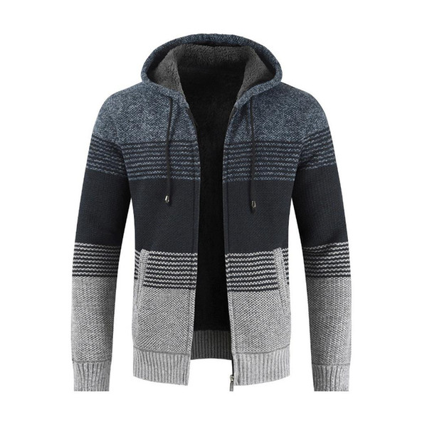 Men Casual Long Sleeve Hooded Zipper Thicken Cardigan Contrast Color Sweater Winter, Autumn Jacket Striped Loose