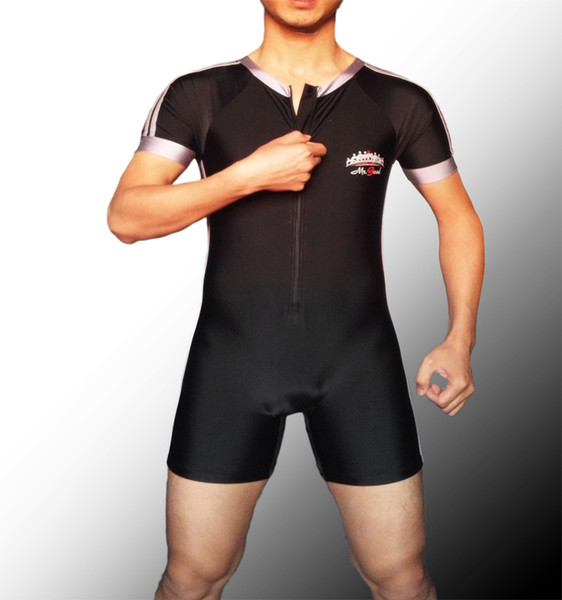 Badiace Man Short Sleeves Swimsuit Stripe Full Body Tight Leotards Swimsuit One piece Profession Swimwear Wrestling Suit