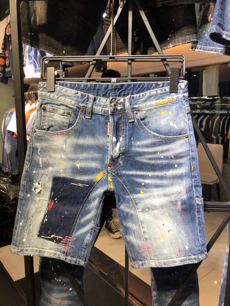 Italian jeans with holes in them rock 'n' roll hip hop revival denim shorts with holes in them straight leg trousers D87