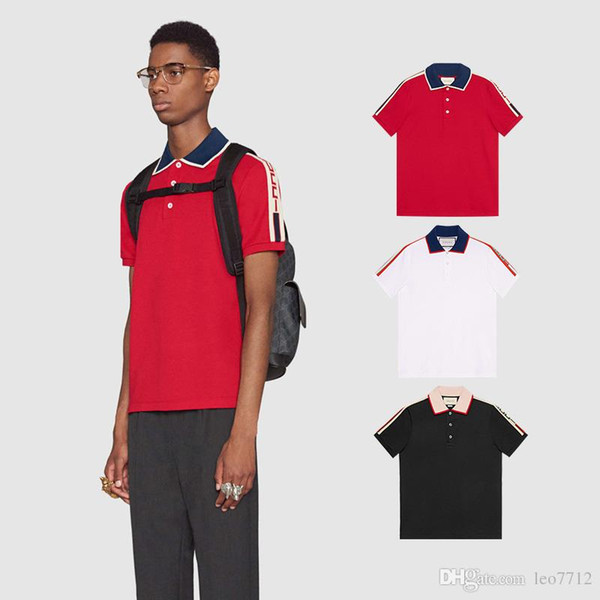 2018 Cotton Polo Shirt with Contrast Collar and Sleeve Bottom LOGO Jacquard Stripe Cotton Shirt Polo