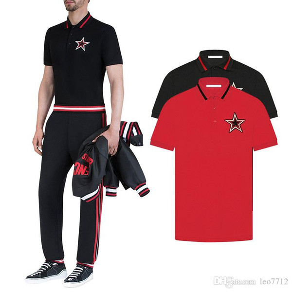 2018 Italian designer black pearl cotton polo shirt red lace collar chest decoration red black and white star patch POLO shirt Men's Po