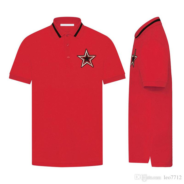 2018 Italian designer red pearl cotton polo shirt red lace collar chest decoration red black star stickers POLO shir M-3XL