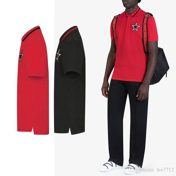 2018 Italian designer red pearl cotton polo shirt red lace collar chest decoration red black star stickers POLO shirt