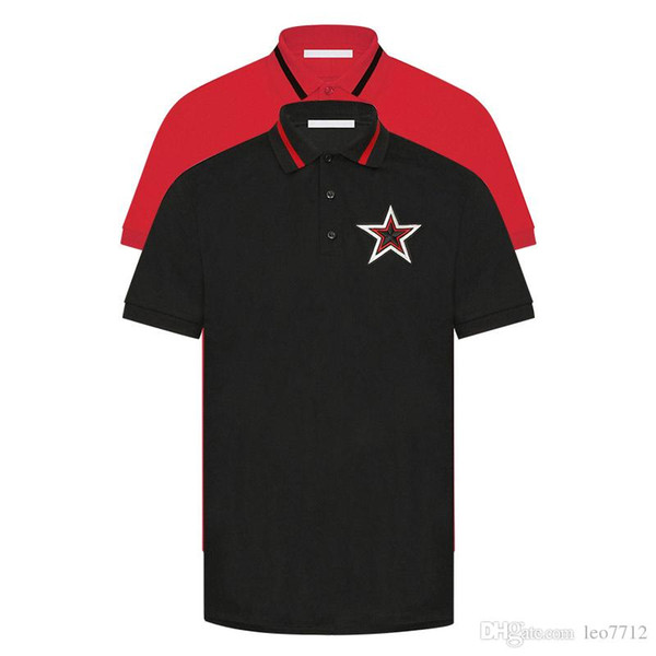18ss Italian designer black pearl cotton polo shirt red lace collar chest decoration red black and white star patch POLO shirt tee
