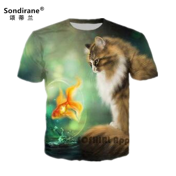 Sondirane New Fashion Women/Men Cat and Fish 3D Print T Shirts Summer Design Short Sleeve Tee Shirt Hip Hop Tops Clothing 6XL