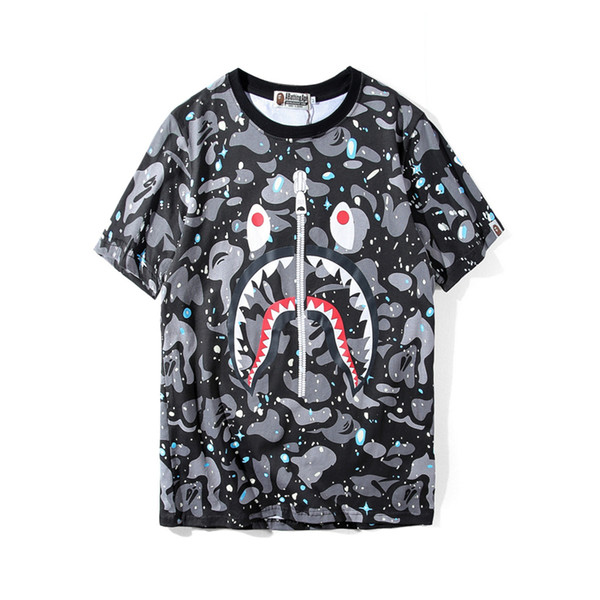 Bape Designer Mens T Shirt Mens Women High Quality Short Sleeves Zipper Decoration Shark Printing Tees Size M-2XL