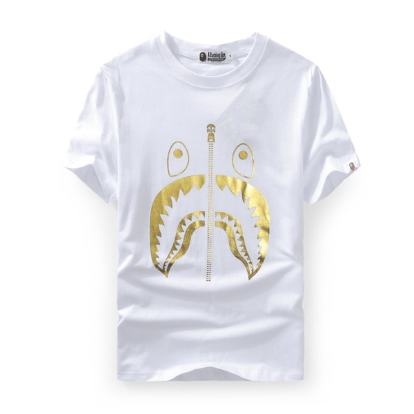 19ss Bape Designer T Shirt Mens Women High Quality T Shirt Gold Shark Printing Mens Cotton Casual Tees S-2XL